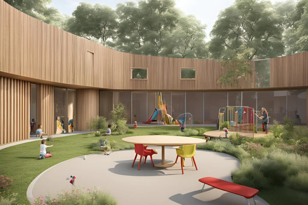 Escola Infantil com playgroud e área arborizada.