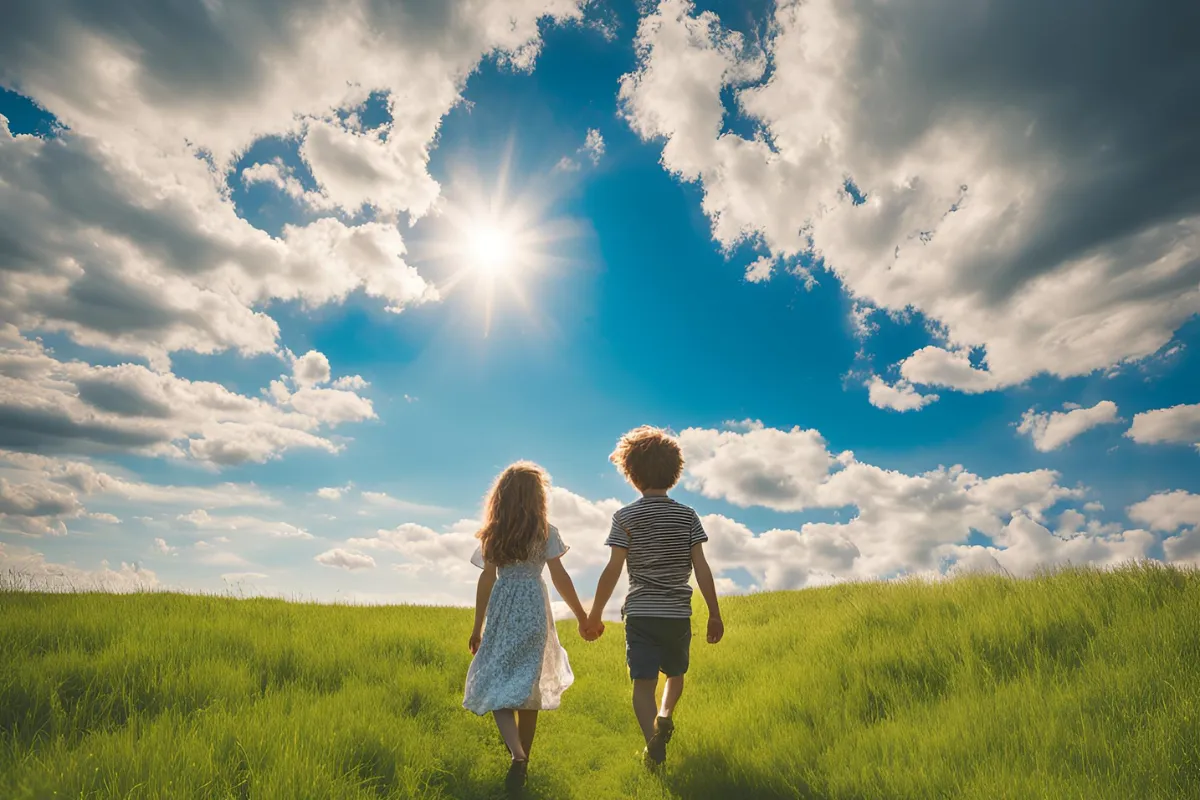 Criança não namora: Uma menina e um menino caminhando, de mãos dadas, em um campo ensolarado.