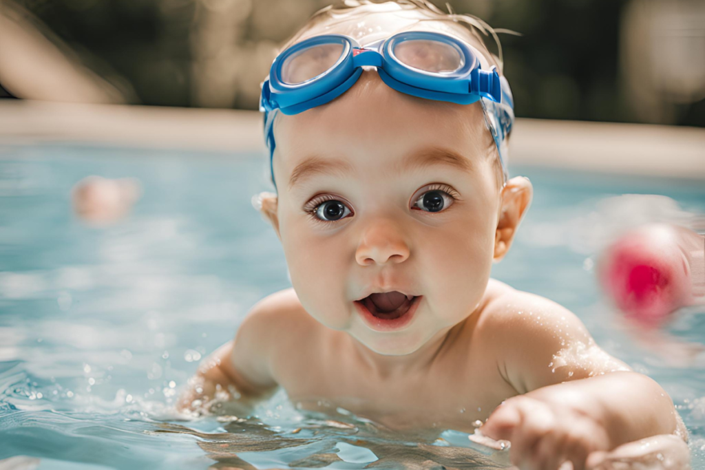 Bebê nadando em uma piscina usando óculos de natação infantil.