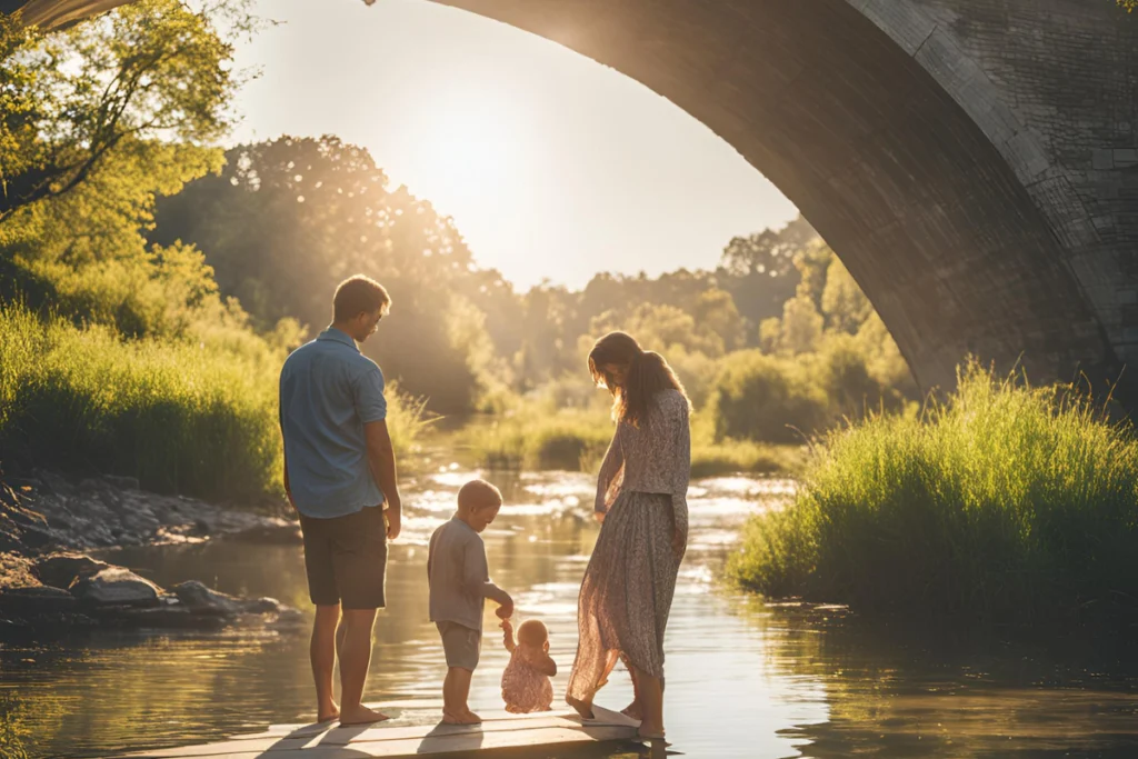 Família com pai, mãe e dois filhos posicionadas embaixo de uma ponte.